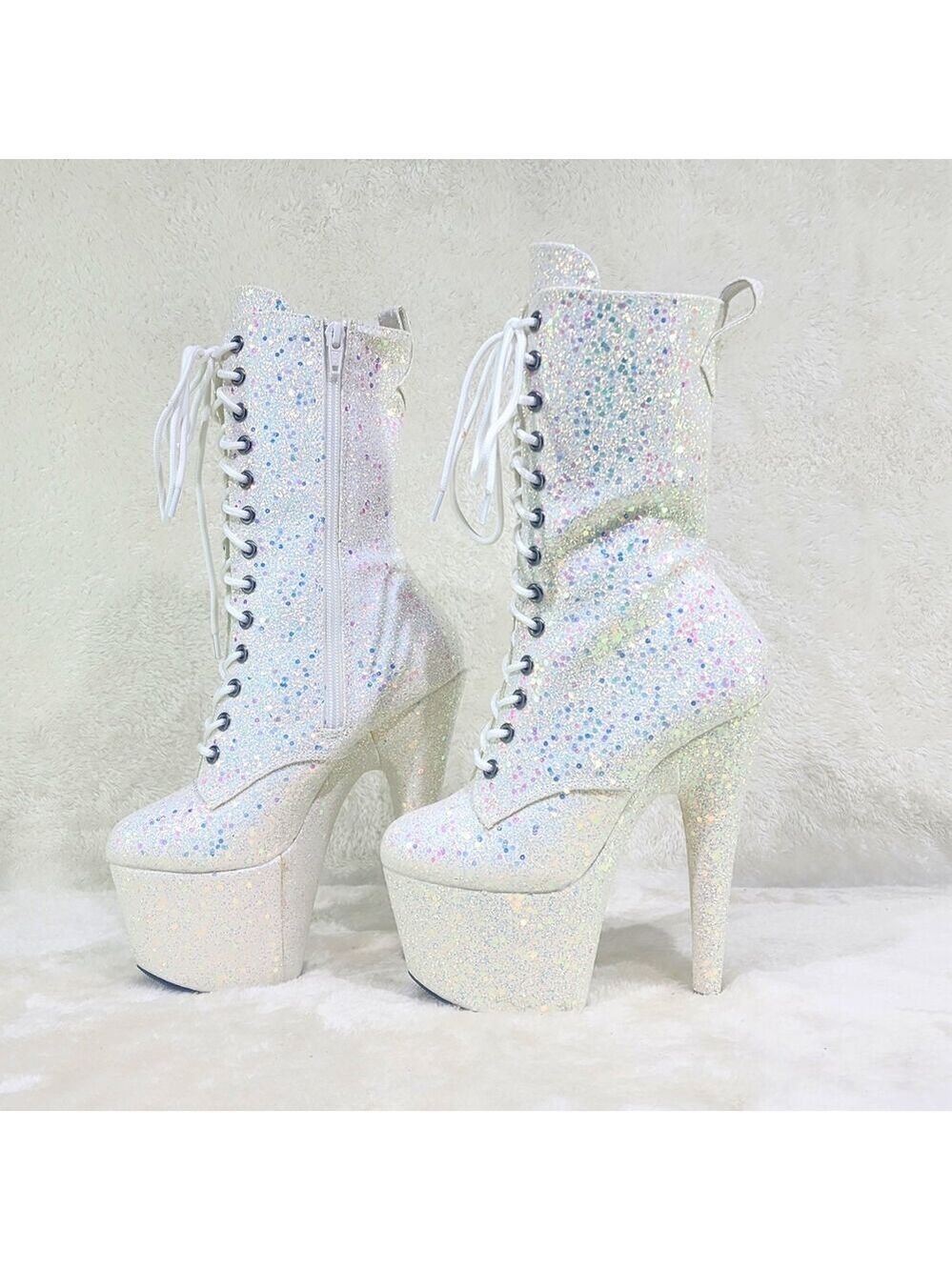 NIB 1040 Opal White Hologram Sequin Glitter  7" Heel Platform Mid Calf Ankle Bo